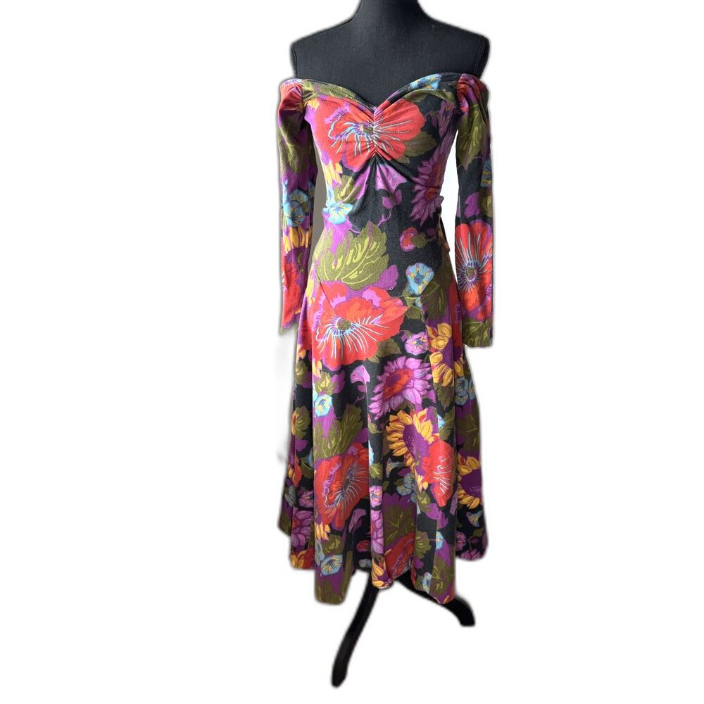Size S VTG Punk Label Betsey Johnson floral off-the-shoulder maxi dress (10511)